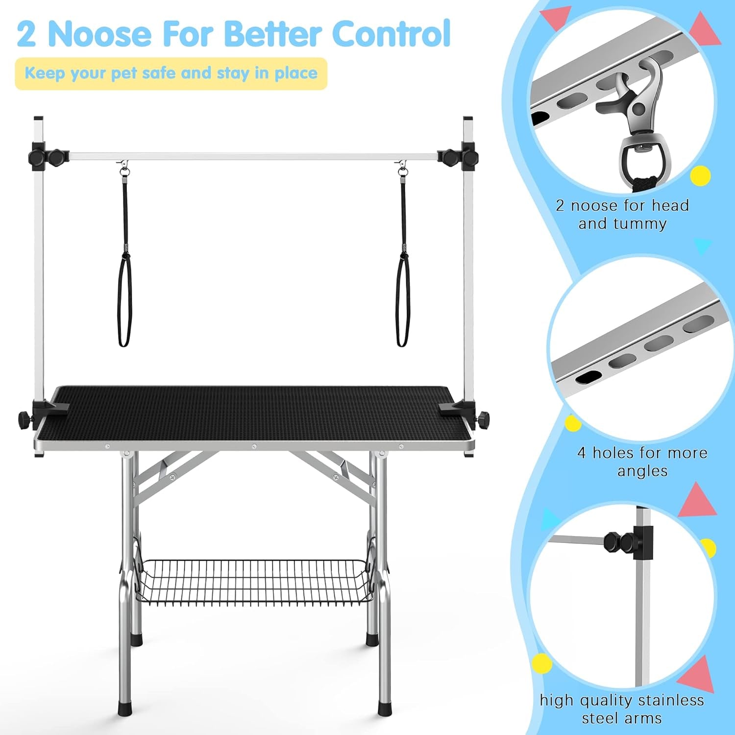 Lyromix 36''Large Dog Grooming Table, Adjustable Cat Drying Desktop with Arms, Nooses, Mesh Tray, Foldable Pet Station at Home, Maximum Capacity up to 330Lb, 36Inch, Black