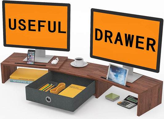 WESTREE Dual Monitor Stand Riser with Drawer - Adjustable Length and Angle, 2 Phone Hold, Desktop Organizer for Computer/Laptop/Pc/Printer
