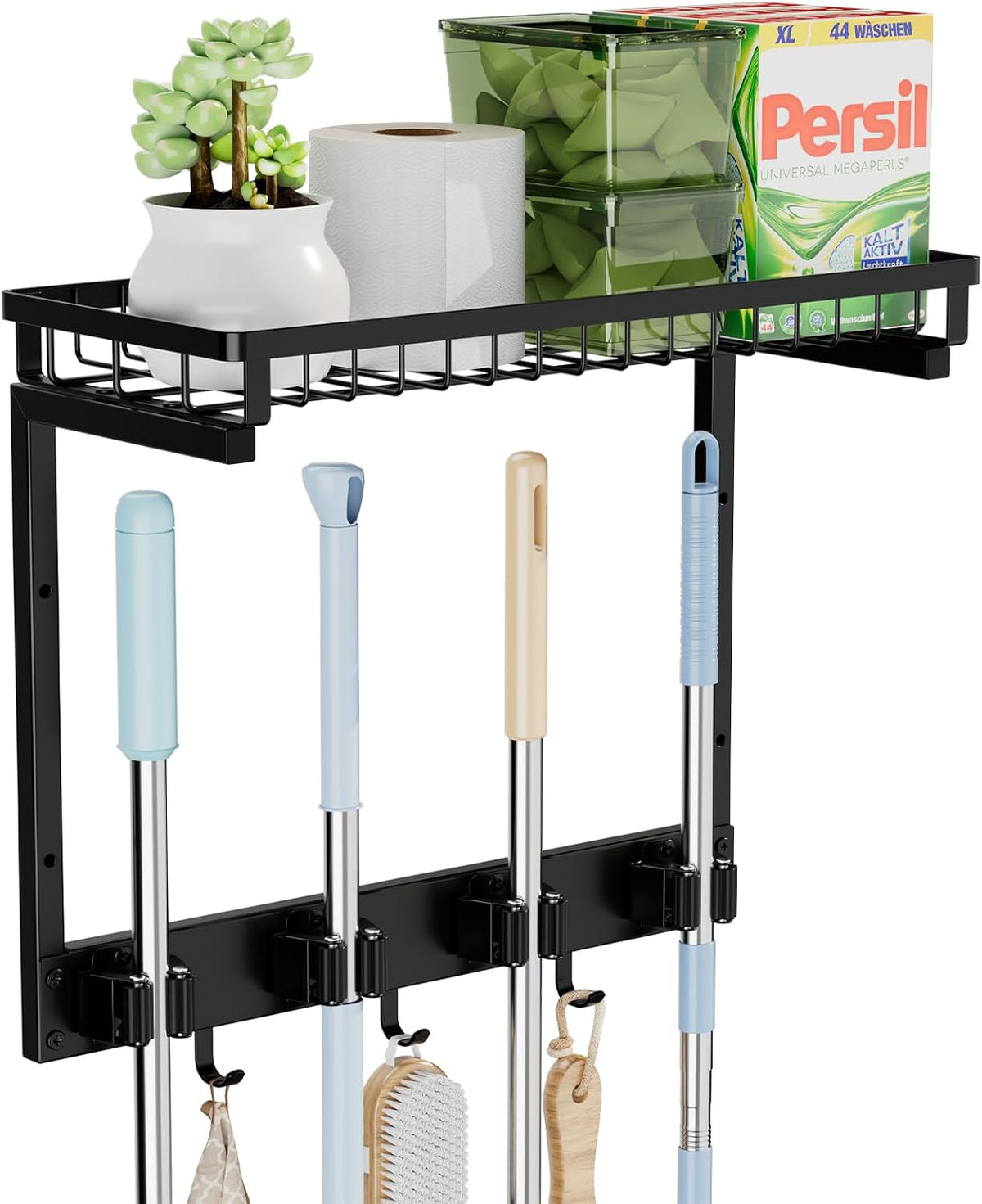 Broom Holder Wall Mount, Mop Organizer with Cleaning Tools Storage Shelf