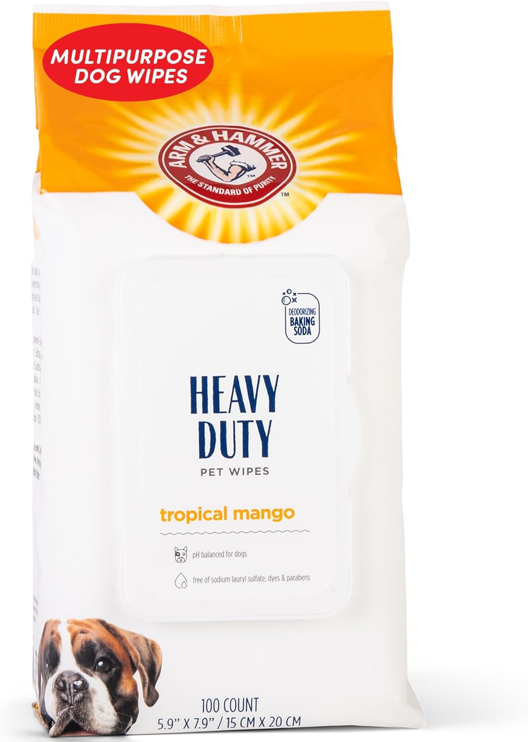 Arm & Hammer for Pets Heavy Duty Multipurpose Dog Wipes, Paw and Butt Wipes for Dogs to Help Clean Deodorize and Freshen Coat and Skin between Baths, Mango Scent, 100 Count