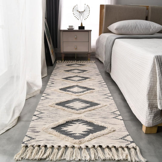 Boho Runner Rug 2'X6', Washable Hallway Rug Runner Non Slip Rubber Backed, Kitchen Farmhouse Area Rug Floor Mat with Tassels, Tufted Woven Cotton Entryway Carpet, Grey