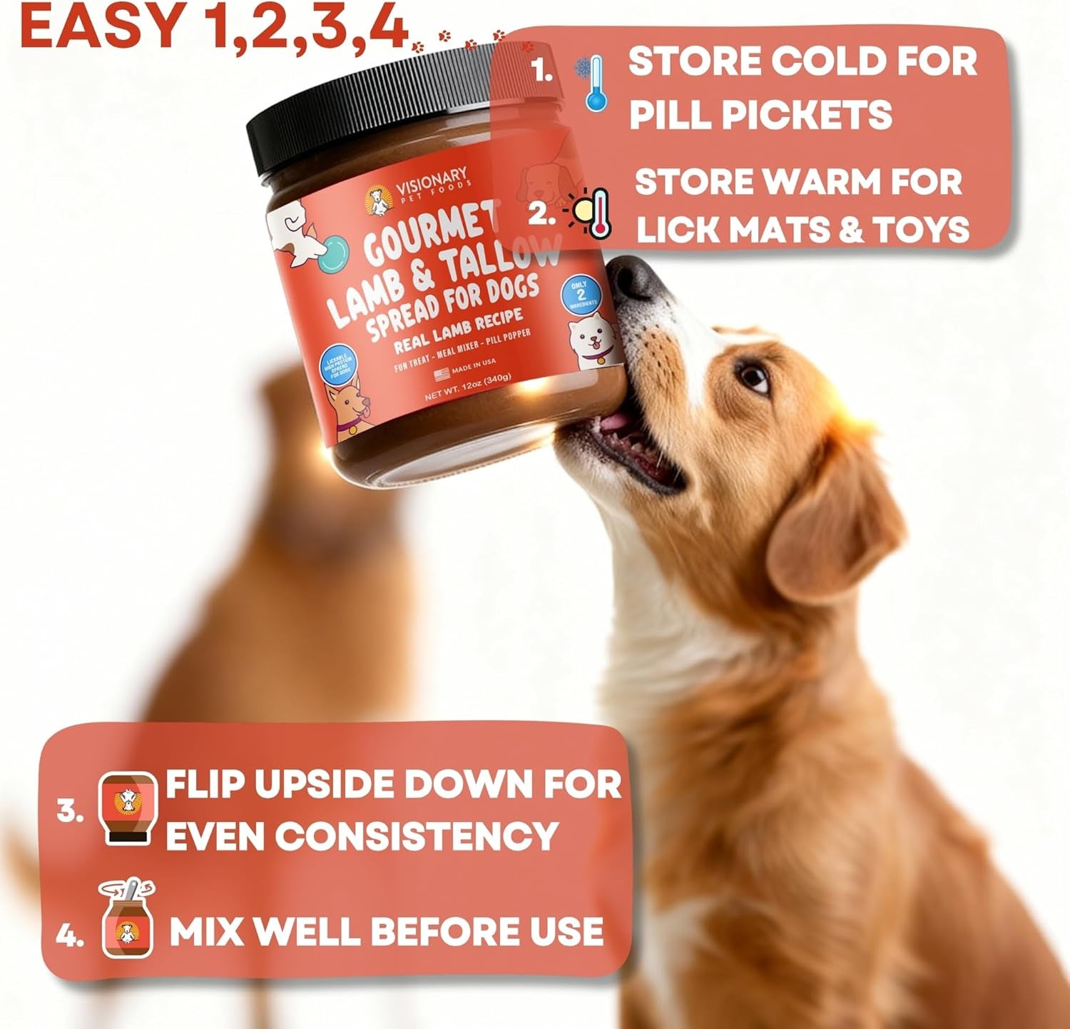 Visionary Pet Foods Lamb and Tallow Meat Spread - Healthy Dog Treat - Alternative to Dog Peanut Butter, Xylitol Free, No Sugar and Filler Free - Use on Lick Mat, Food Mixer, Pill Pockets - 12Oz Jar