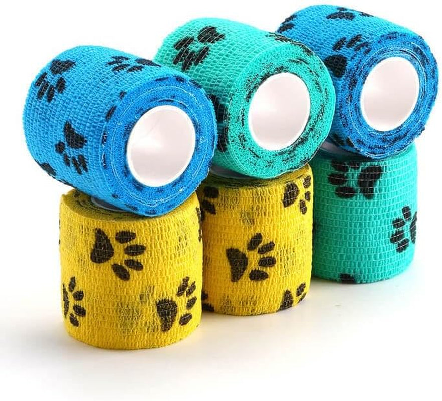 Wepet Pet Wrap, Self-Adhesive, Only Sticks to Itself, Non-Woven Tape for Dog Legs, Paws, Wounds, First Aid Cohesive Gauze for Horse, Cat, Bird, Animal, 6 Rolls, 2 Inch, Pawprints A