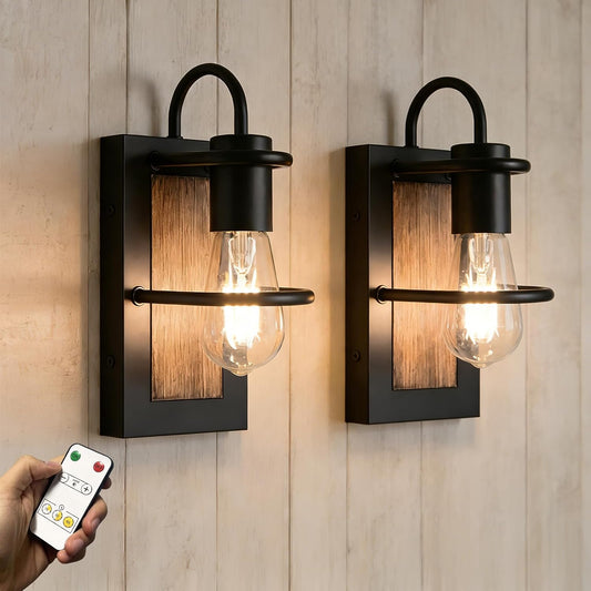 Wireless Battery Operated Wall Sconce Set of 2 with Remote Control, Dimmable Rechargeable Wall Lights with Vintage Faux-Wood Finish, Timer, Rustic Wall Sconces for Bedroom Living Room, 3000K