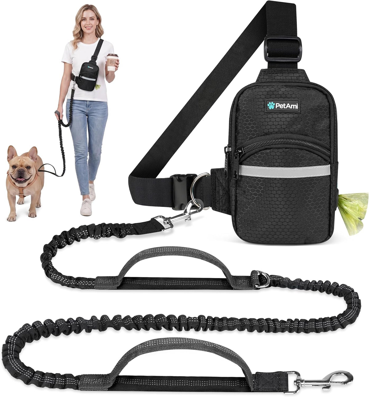 Petami Crossbody Bag Hands Free Dog Leash with Poop Bag Dispenser, Black