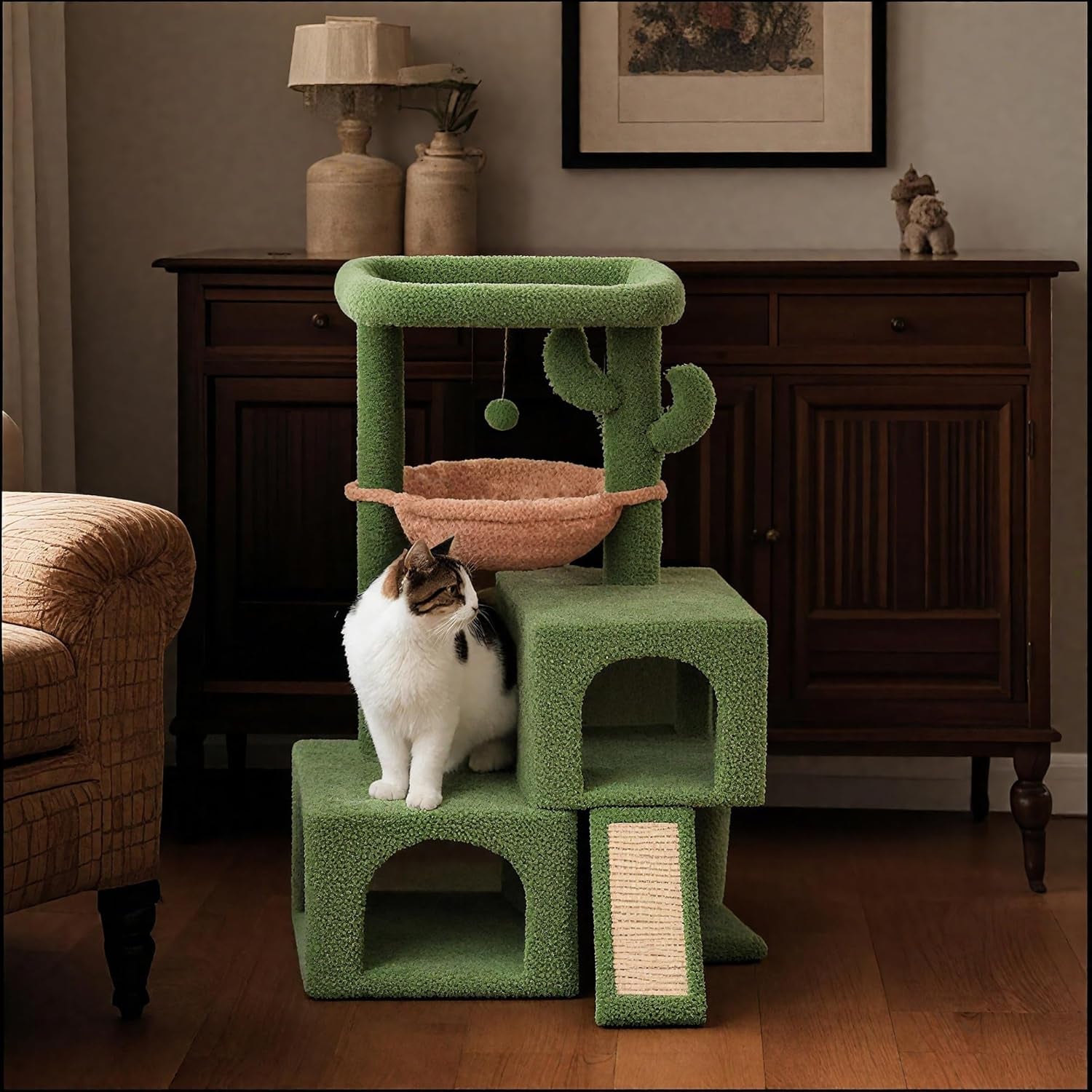 AIWIKIDE 37.4" Cactus Cat Tree Tower with Twin Cat Condos for Indoor Cats, All-In-One Activity Center with Cat Scratching Post Cozy Sleeping Perch Hammock and Toy Balls,Green …