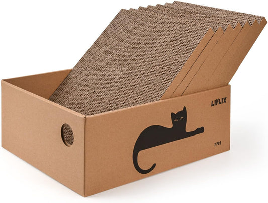 7PCS Reversible Cat Scratching Pads with Box, 16.5" Lｘ12.6" Wｘ5.9 H Extra Large Cardboard Scratcher with Catnips, Cat Scratch Boxes for Indoor Cats