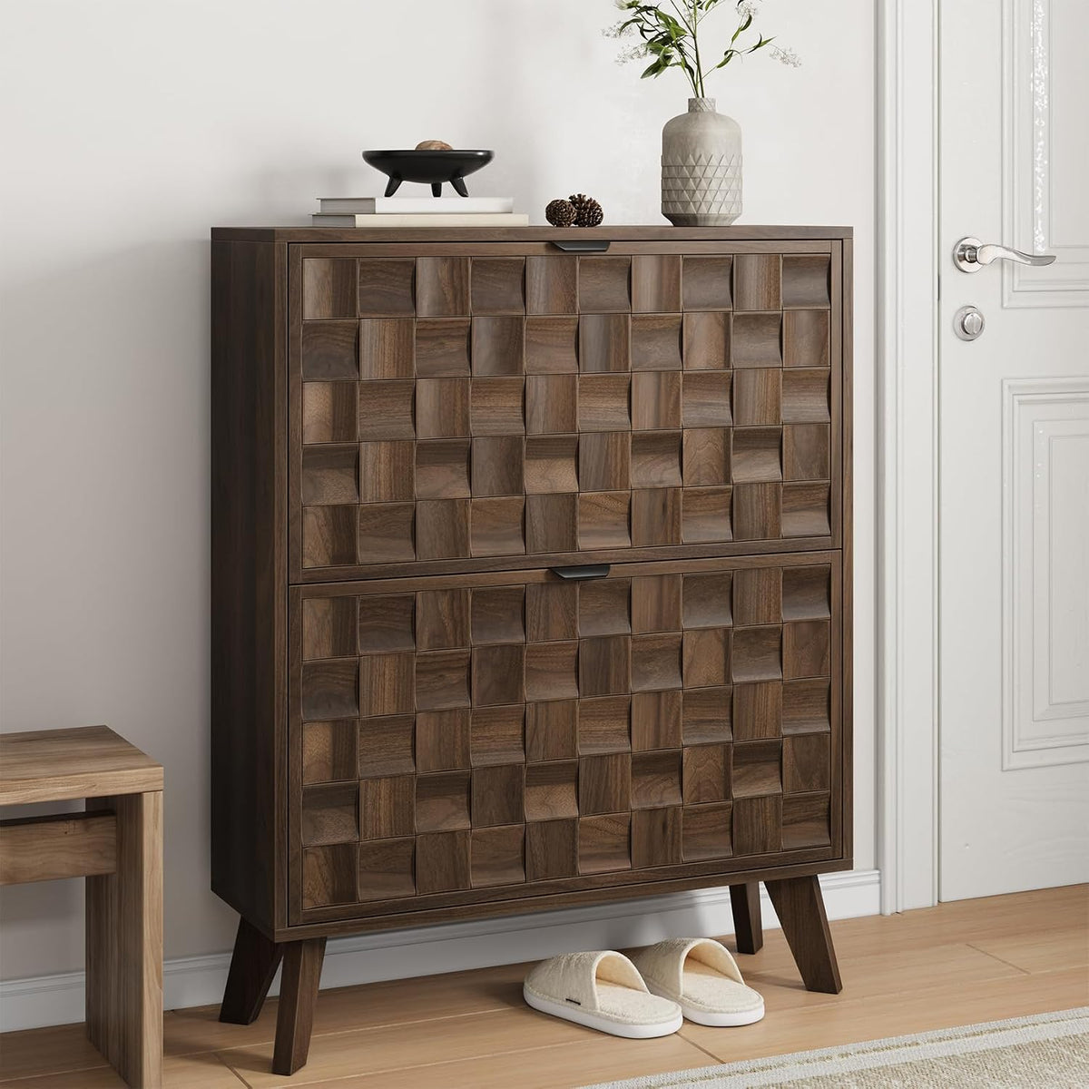 Smart FENDEE 29.5“W Shoe Cabinet with 2 Embossed Checkerboard Pattern Flip Drawers, Freestanding Shoe Storage Cabinet with Solid Wooden Legs, Hidden Shoe Organizer for Entryway, Hallway, Walnut