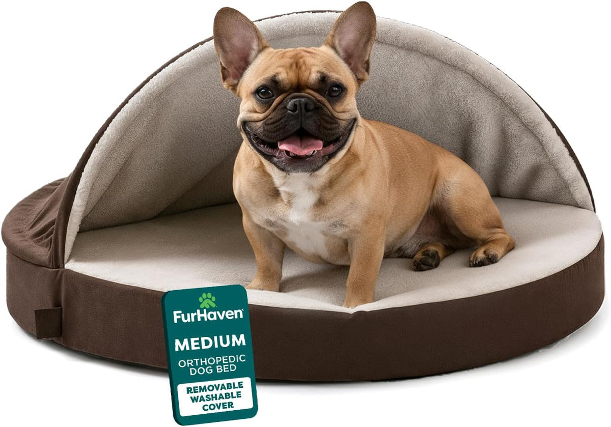 Furhaven round Orthopedic Dog Bed for Medium Dogs, Egg Crate with a Solid Orthopedic Foam Base with Attached Blanket Hood and Removable Washable Cover, Medium, Sherpa & Suede Snuggery, Espresso