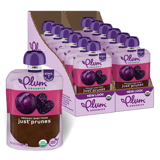 Plum Organics - 4+ Months Organic Baby Food Pouches - Just Punes - Non-Gmo - Fruit & Veggie Blends On-The-Go Pouches for Baby & Toddler Meals - Quality Tested Ingredients - 3.5 Oz (Pack of 12)