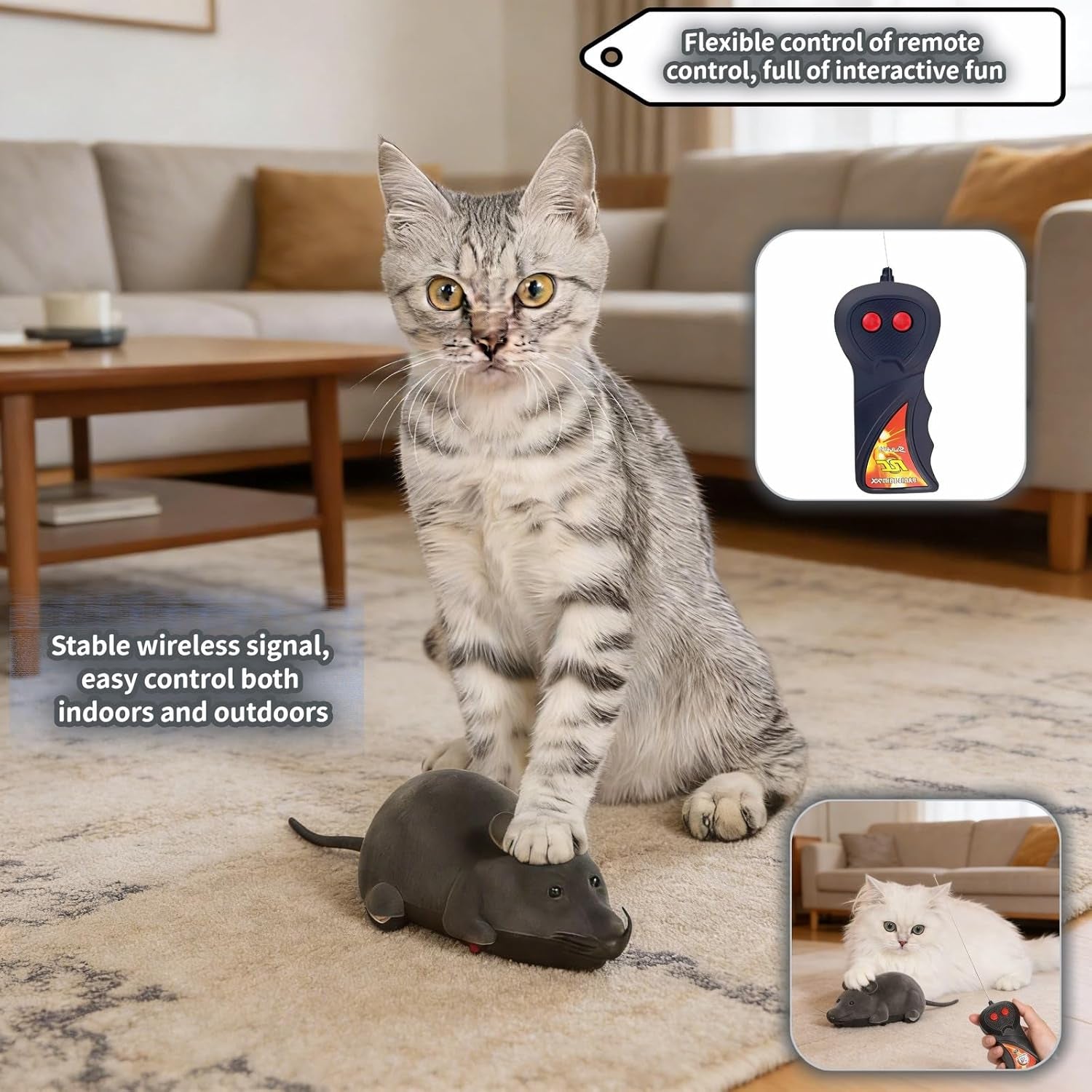 Remote Control Mouse Cat Toy, Realistic RC Interactive Pet Toy with Wireless Controller, Forward and Backward Movement, Gray Plush Electronic Mouse for Cats and Dogs, Funny Pet Teaser for Indoor Cats