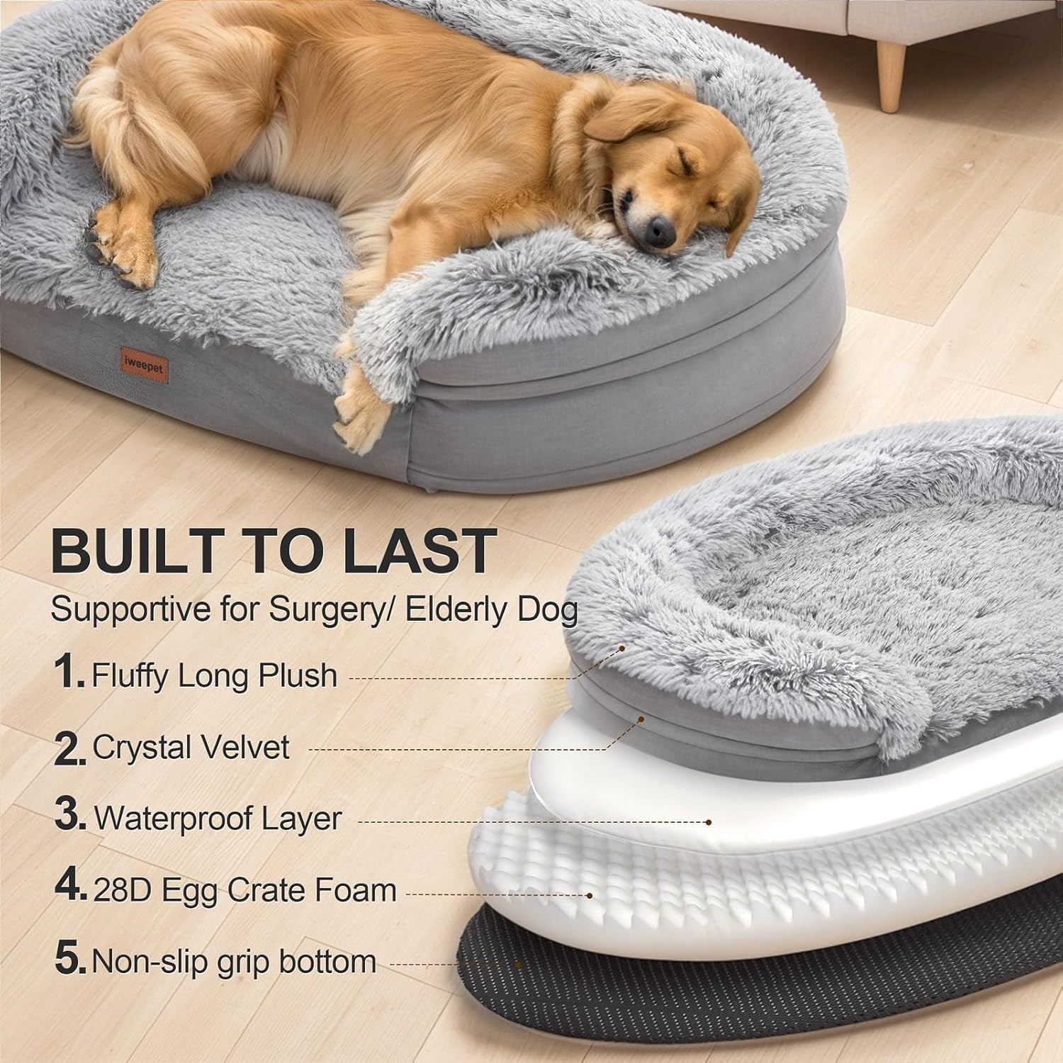 Iweepet 3.7 Inch Thickened Orthopedic Dog Beds for Large & Extra Large Dogs, Fluffy Claiming Dog Sofa Bed with Supportive 28D Egg-Crate Foam, Removable Washable Cover, Waterproof Lining, 44’’,Grey