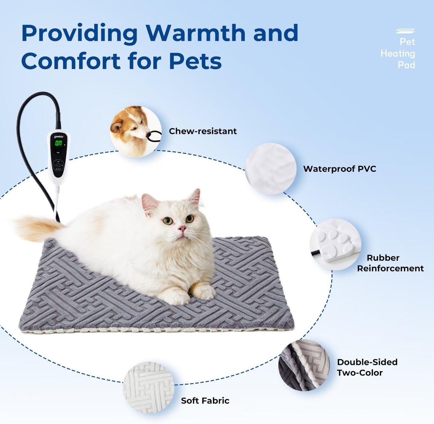 ZOMISIA Cat Heating Pad - 11 Adjustable Temperature and 25 Timer Options, Heated Cat Bed Indoor with Chew-Resistant Cord for Small Dogs, 18X18 Inch