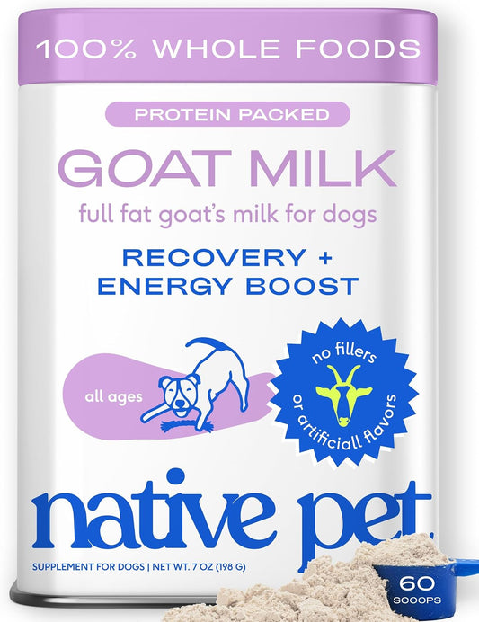 Native Pet Goat Milk Powder - Dog Food Topper for Active Dogs - Post-Activity Recovery, Energy, Immune Support, Hydration & Bone Health - Whole Goat Milk with Mcts & Essential Minerals - 60 Scoops