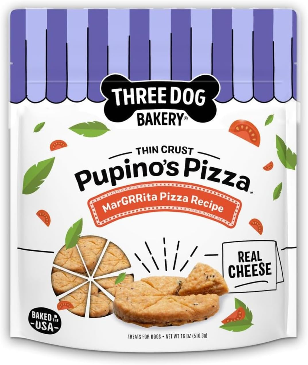 Three Dog Bakery Pupino’S Pizza Cookies for Dogs, Dog Treats with Real Ingredients, 16 Oz