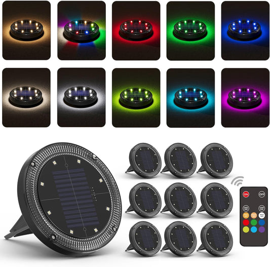 Color Changing Solar Ground Lights with Remote, IP67 Waterproof, 10Pack