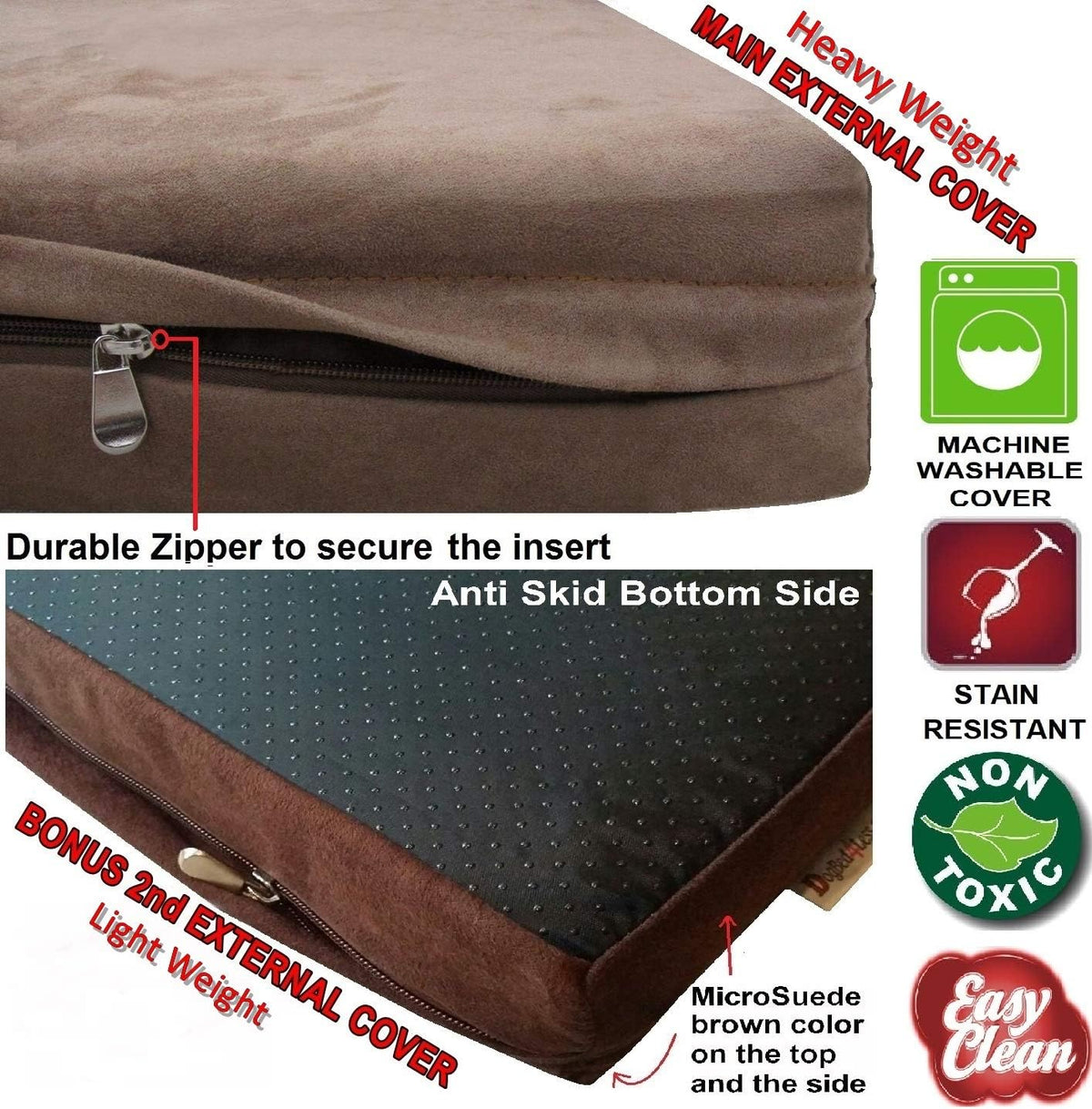 Dogbed4Less Jumbo Orthopedic Memory Foam Dog Bed for Large Dogs, Washable Durable Cover, Waterproof Liner and Extra Pet Bed Case, 55"X47"X4", Brown
