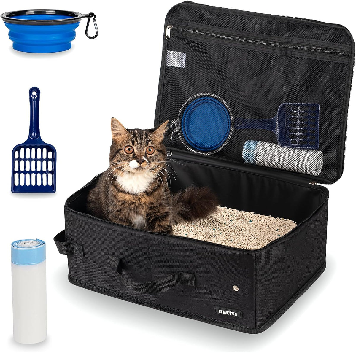 Portable Cat Travel Litter Box with Lid and 10 Pcs Disposable Liner Bags, Leak-Proof & Collapsible, Easy Clean Odor-Control Cat Travel Essentials for Car, Hotel, Airplane, Camping,Trips Black