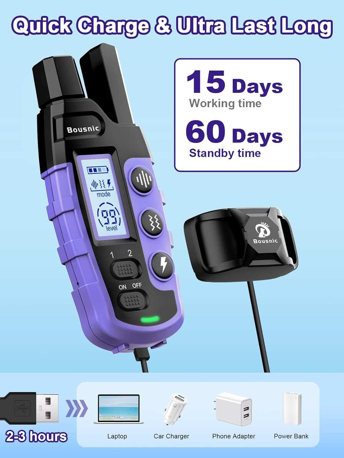 Bousnic Dog Shock Collar 2 Dogs (5-120Lbs) - 3300 Ft Waterproof Training Collar for Dogs Large Medium Small with Rechargeable Remote, Beep (1-8) Vibration (1-16) and Humane Shock (1-99) Modes