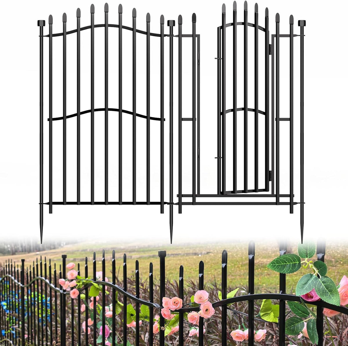 No Dig Garden Fence 40" H X 22.5'L with Gate Decorative Yard Dog Panels