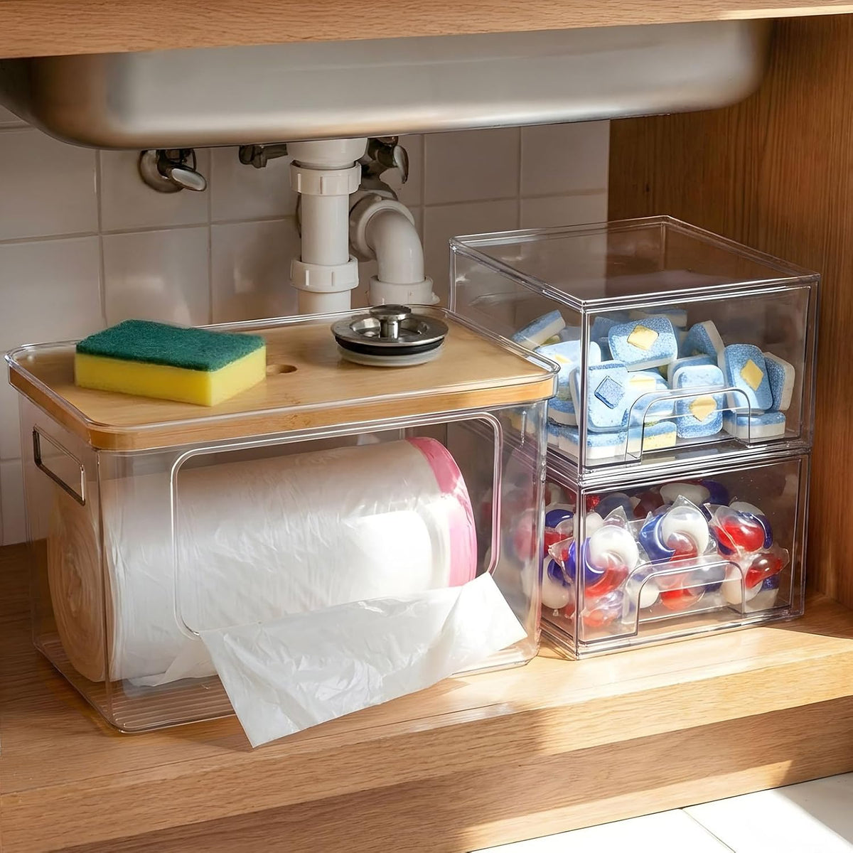 Hudgan under Sink Organizer 3 in 1, Stackable Acrylic Bathroom Storage, Trash Bag Dispenser and Dishwasher Pods Holder for Kitchen and Laundry Room Organization