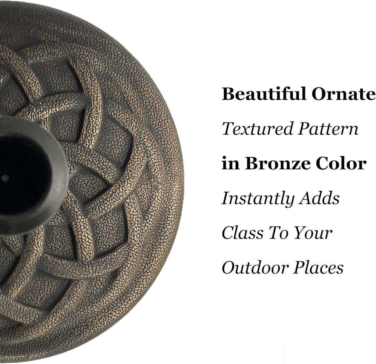 Backyard Expressions round Heavy Duty Patio Umbrella Base – Weather Resistant Calcium Carbonate Resin with Bronze Weave Design – Fits 1.5" to 2" Poles, Easy Assembly, UV & Fade Resistant