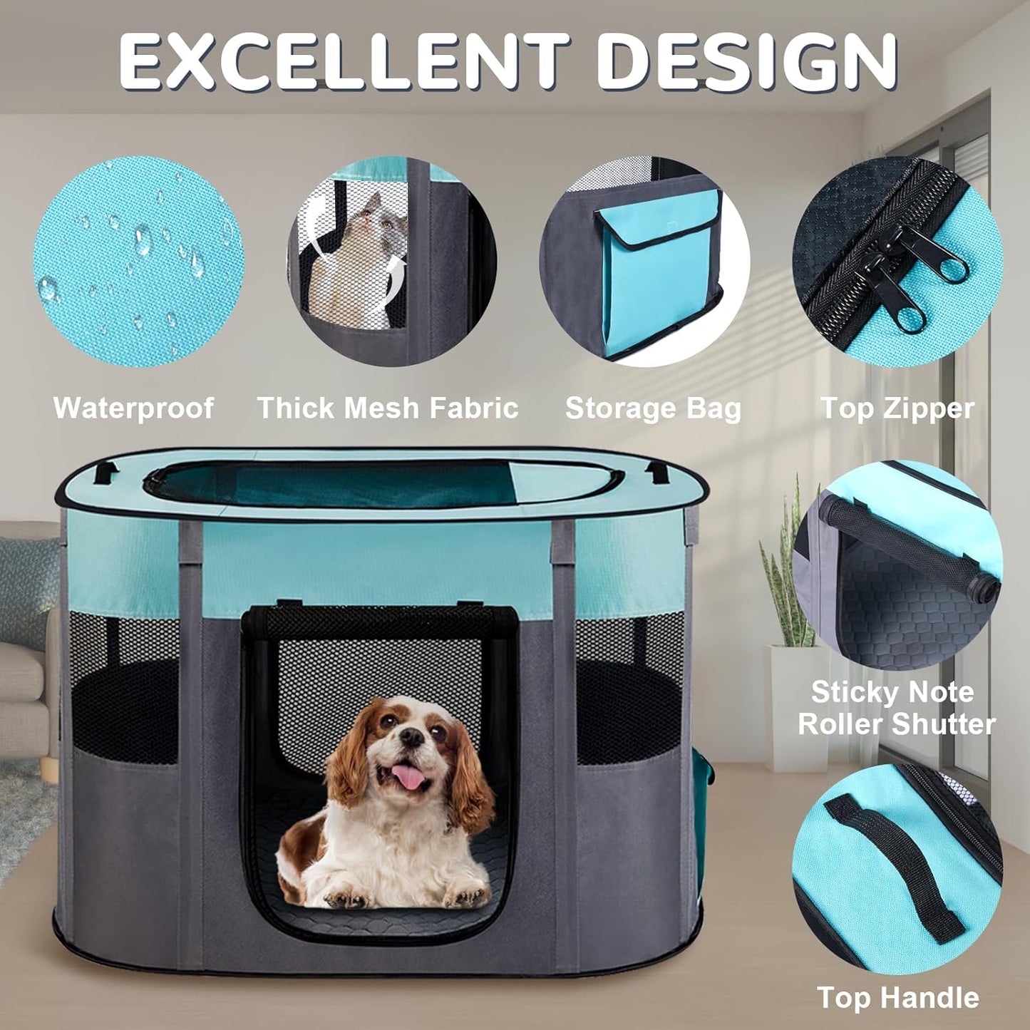 Pet Dog Cat Playpen with Waterproof Pad,Portable Puppy Kitten Rabbit Crate and Other Small Animals Kennel Cage Tent for Indoor Outdoor Travel Camping,Water-Resistant Breathable Shade Cover (Green S)