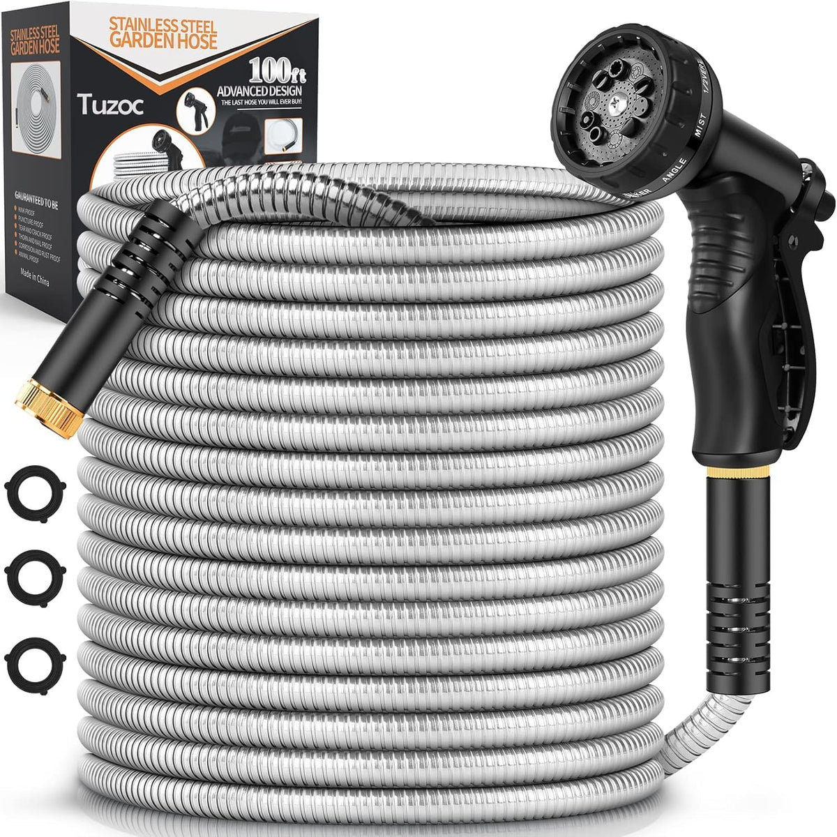 Rcfunkid Garden Hose 100FT No-Kink Metal Hose with 10 Function Nozzle Tough