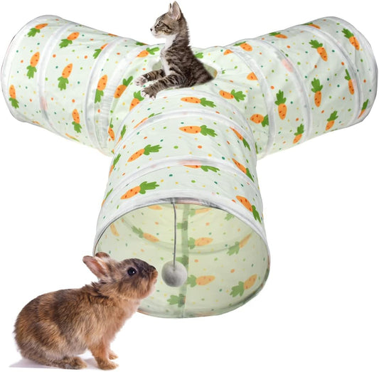 Bunny Rabbit Tunnels Rabbit Cat 3 Way Collapsible Tunnel with Cute Carrot Patterns Small Pet Hideout Activity Tunnel Tube Toy for Bunny Kitten Cat Dwarf Guinea Pig Y Shape