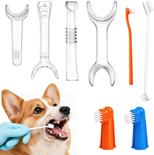 8Pcs Pet Teeth Cleaning Kit,Dog Tooth Brushing Kit,Suitable for Small to Large Dogs and Cats,4 Mouth Openers,1 Orange Single-Headed Toothbrush,1 Double-Headed Toothbrush,And 2 Mini Toothbrushes
