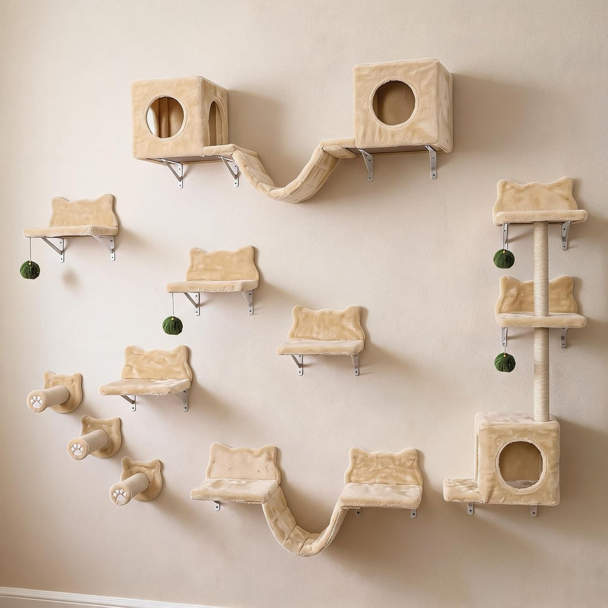 18-In-1 Wall-Mounted Cat Shelves Set – Beige Climbing Perches, Steps & Bridges for Indoor Cats, Mark-Resistant-Friendly Space-Saving Cat Wall Furniture