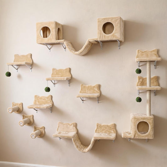 18-In-1 Wall-Mounted Cat Shelves Set – Beige Climbing Perches, Steps & Bridges for Indoor Cats, Mark-Resistant-Friendly Space-Saving Cat Wall Furniture