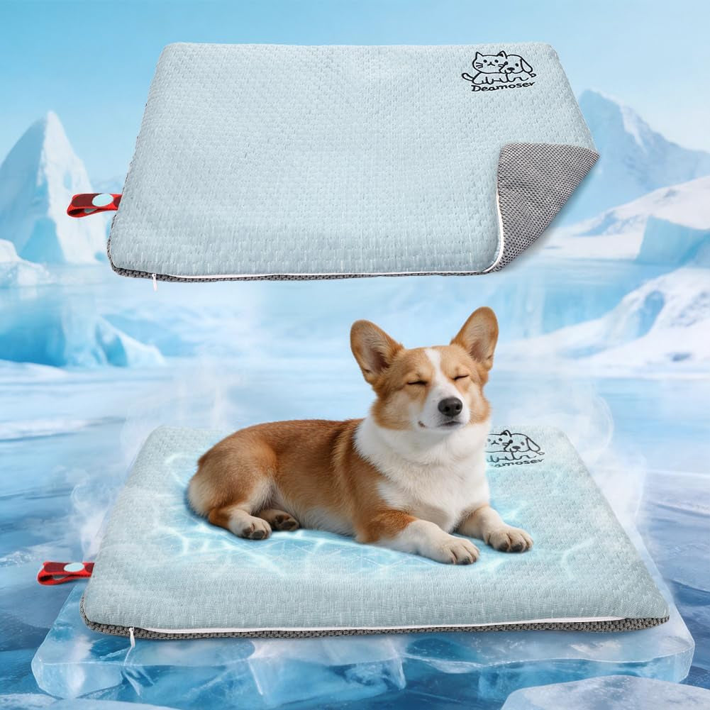 Dual-Sided Cooling Mat for Dogs & Cats – Ice Silk & Corn Fleece, Washable Pet Cooling Pad for Summer Heat Relief, Portable for Crates, Car,Strollers & All Seasons