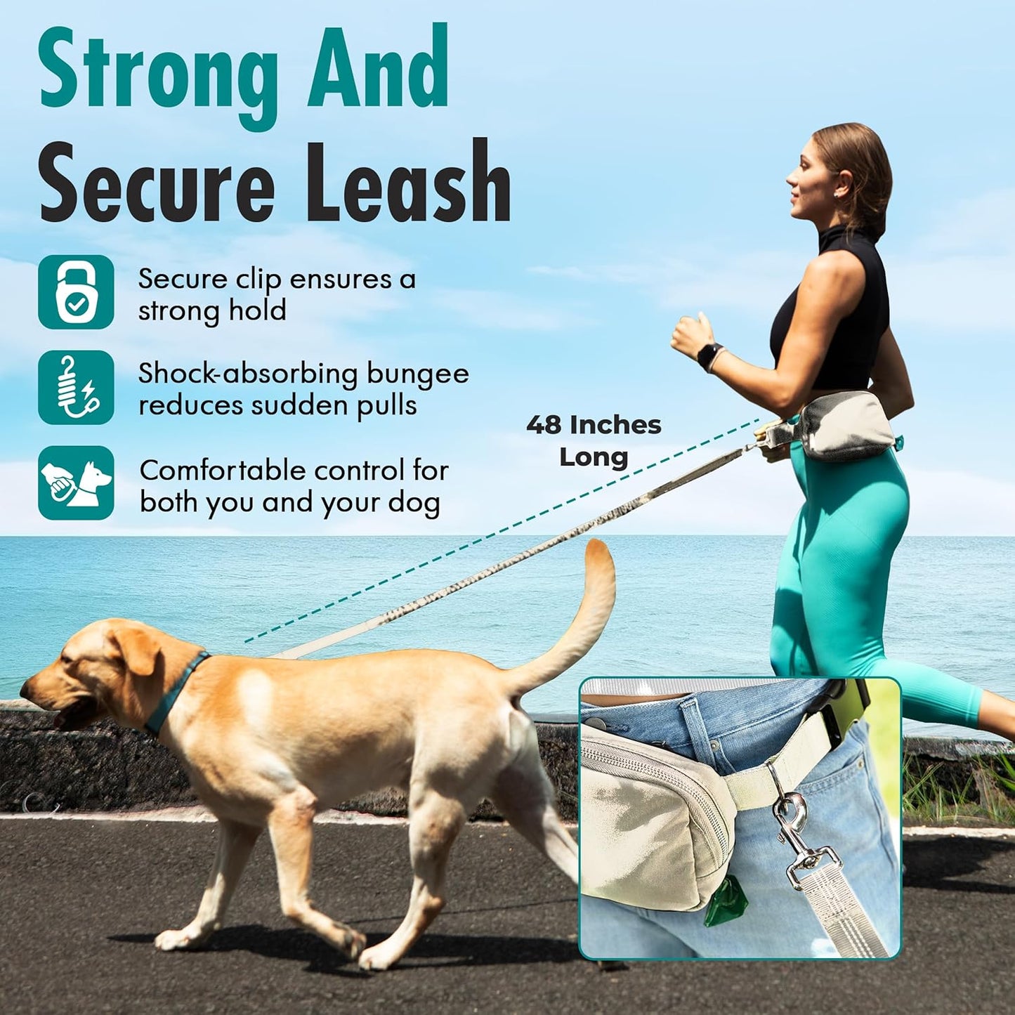 Hands Free Dog Leash with Dog Treat Pouch - Stylish & Trendy Waist Leash for Dog Walking - Wear around the Waist or Crossbody - Durable & Detachable - Shock Absorbing - Waste Bag Dispenser