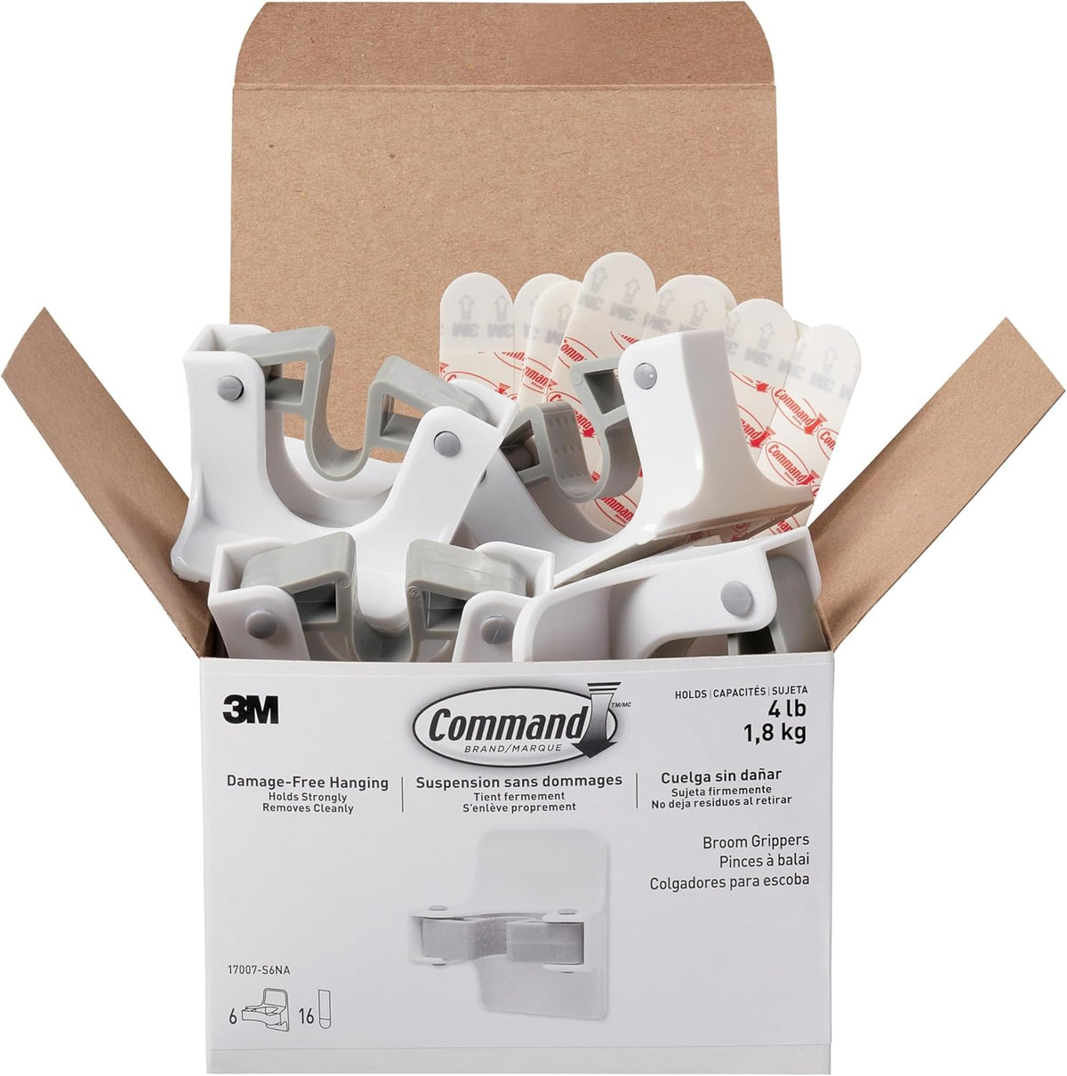 Command Large White Broom Grippers, 6 Grippers, 16 Strips