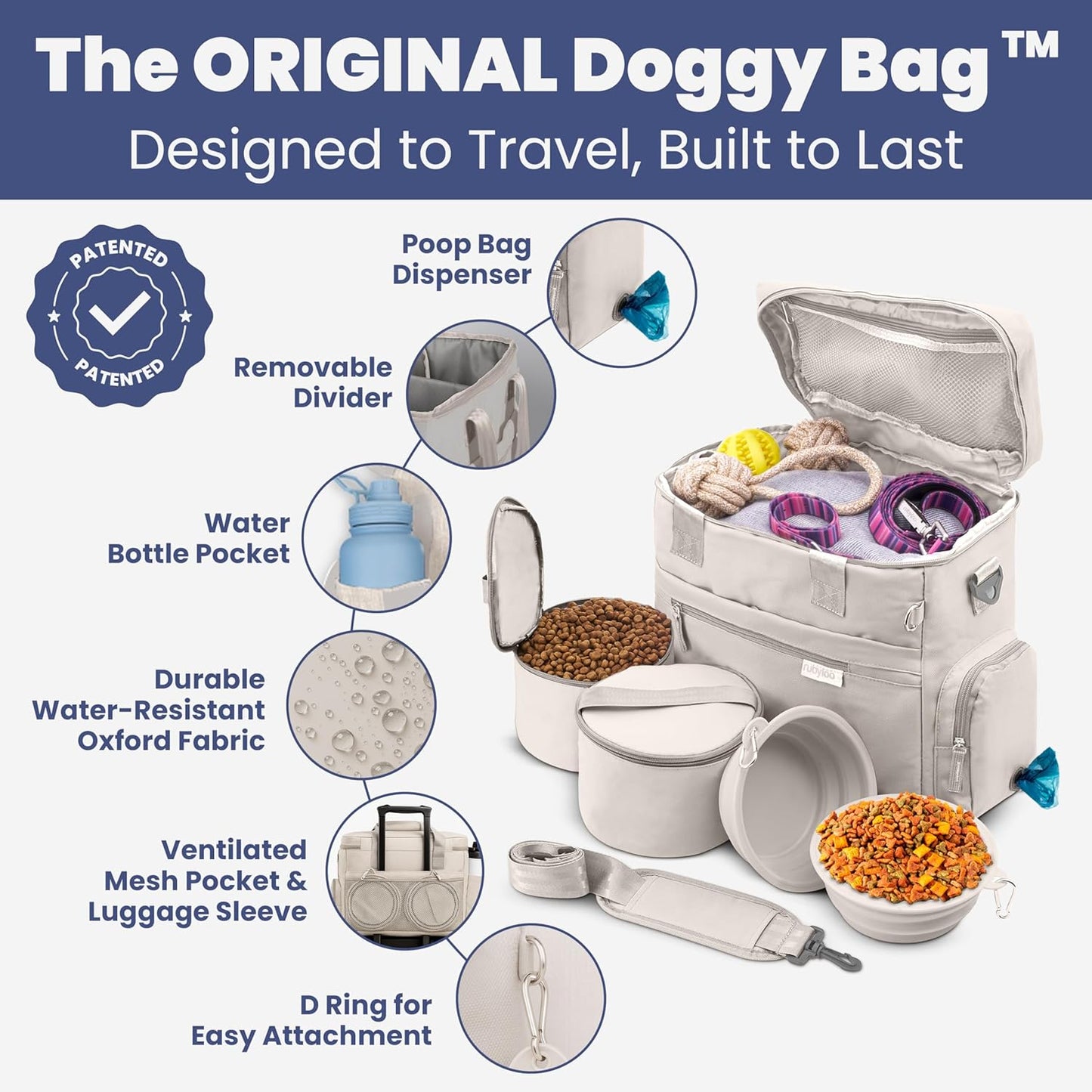 The Original Doggy Bag™ - Complete Dog Travel Bag for Supplies with 2 Bpa-Free Travel Dog Bowls & 2 Pet Food Containers - Traveling Kit for Road Trips, Camping, Weekend Away or Doggy Gift: Beige