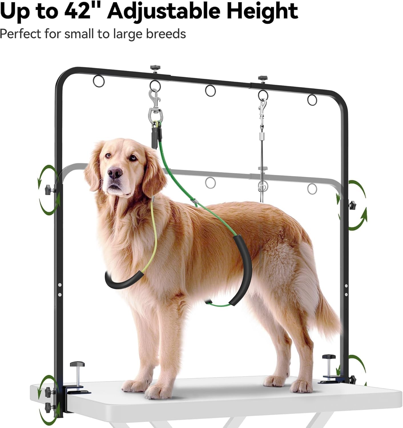 Adjustable Dog Grooming Arm for Table: 42'' Height, 27''–39'' Width, Clamp Fits up to 2.76'', with Hammock & 2 Nooses – Portable Pet Grooming Station for Nail Trimming, Cats & Dogs at Home