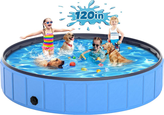 120"X20" Dog Pool for Large Dogs, Heavy Duty Hard-Side Foldable Pet Pool, Non-Slip Collapsible Dog Bathing Tub with Drain, Portable Kiddie & Dog Swimming Pool for Outdoor & Indoor Use