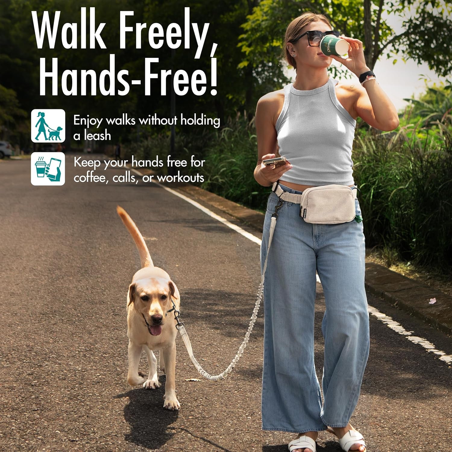 Hands Free Dog Leash with Dog Treat Pouch - Stylish & Trendy Waist Leash for Dog Walking - Wear around the Waist or Crossbody - Durable & Detachable - Shock Absorbing - Waste Bag Dispenser