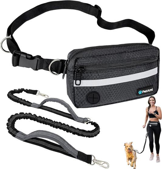 Petami Hands Free Dog Leash Waist Belt Bag Fanny Pack, Single, Black