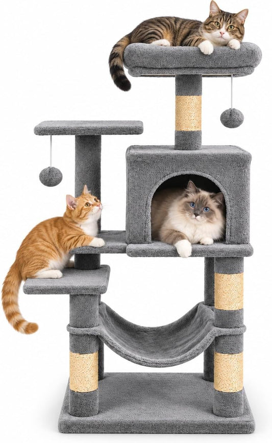 44" Cat Tower for Indoor Cats, Cat Tree with Hammock, Gray