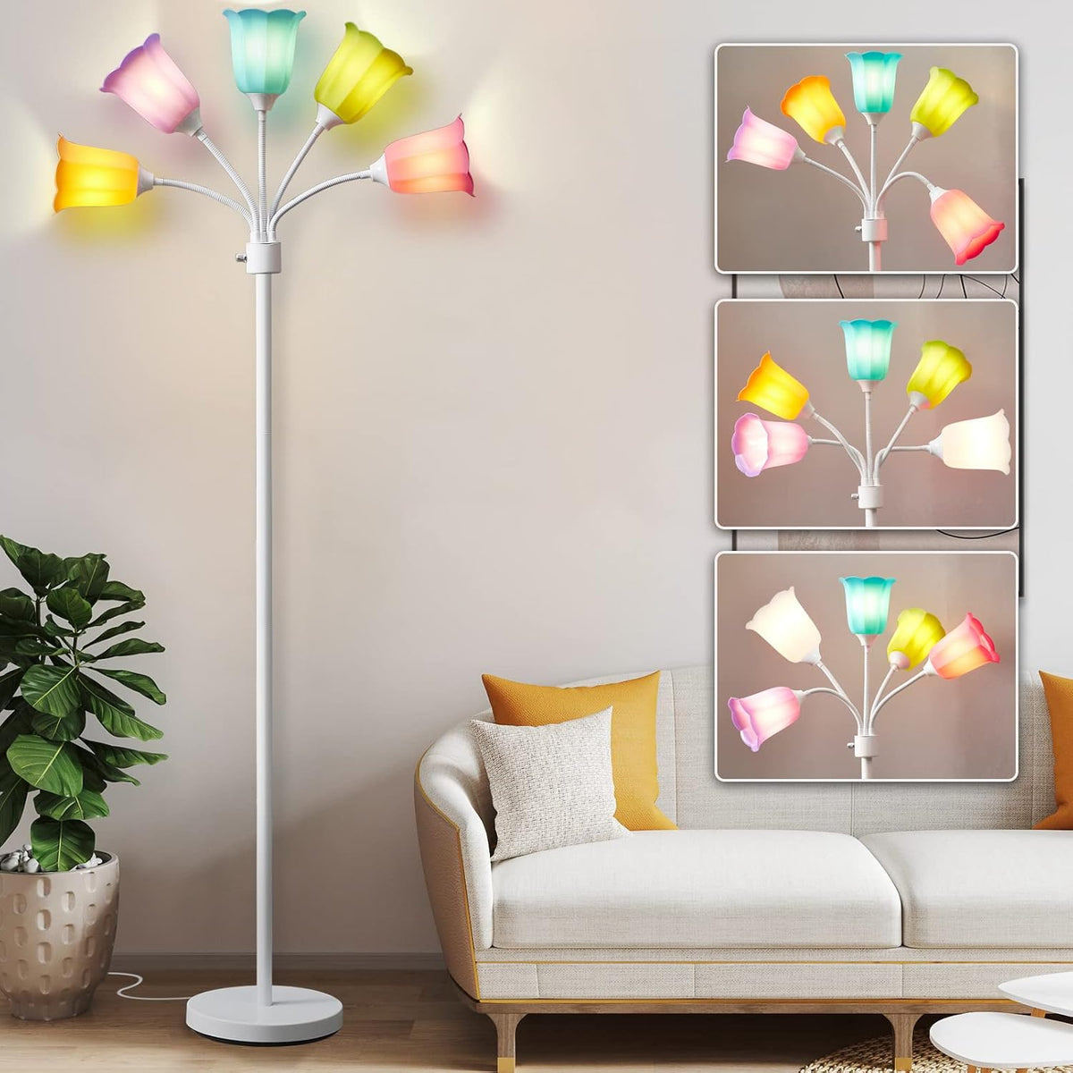 Gyrovu Medusa LED Floor Lamp, Multi Head Modern Tall Lamp with Adjustable Gooseneck Standing Lamps for Living Room Bedroom Kids Room Office 6 Color Lampshades Bulb Not Included(White)