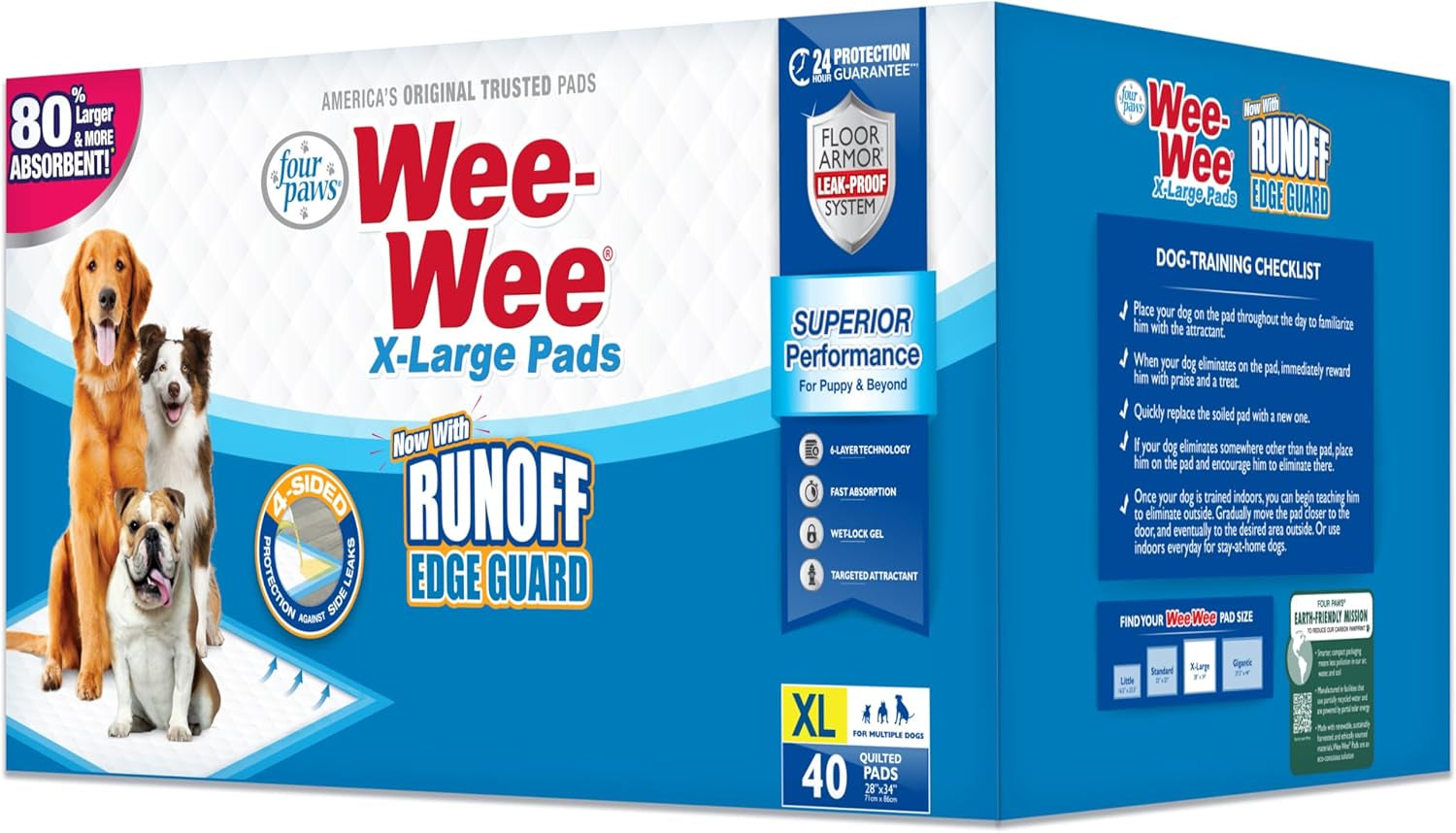 Four Paws Wee-Wee Superior Performance Unscented Extra-Large Pee Pads for Dogs & Puppies, Quilted Leak-Proof Dog Housebreaking Potty Training Floor Protection, 28" X 34", 40 Count