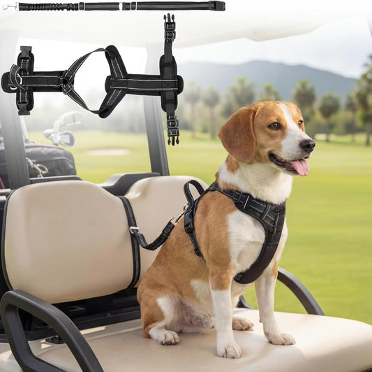 Hsei Dog Seat Belt Harness for Golf Cart, Pet No Pull Dog Seat Leash, Adjustable Black Vest Harness with Reflective Nylon Tear-Resistant Webbing & Elastic Bungee for Outdoor (M: Chest 14.2"-19.7")