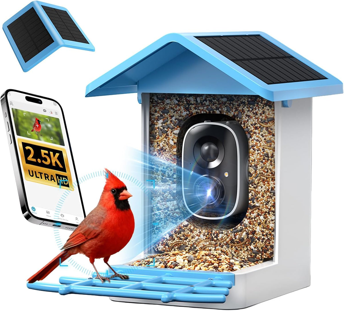 G11 Smart Bird Feeder with Camera, 2.5K, AI Bird ID, 5W Solar, Blue