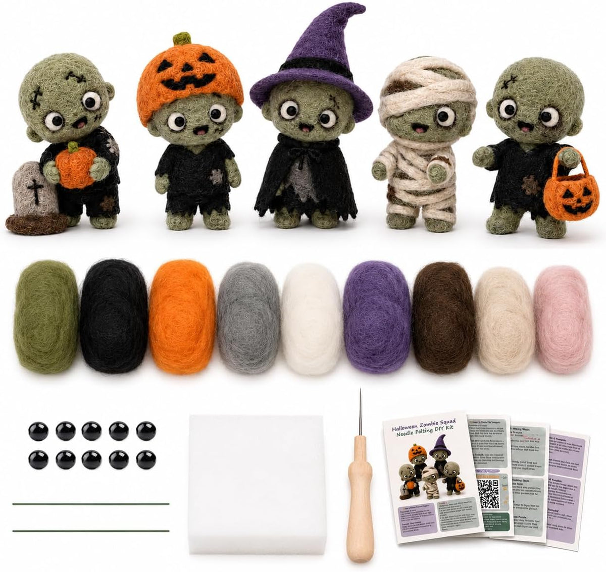 FACE N FACE DIY Needle Felting Zombie Family Kit, 5 Halloween Felt Figures
