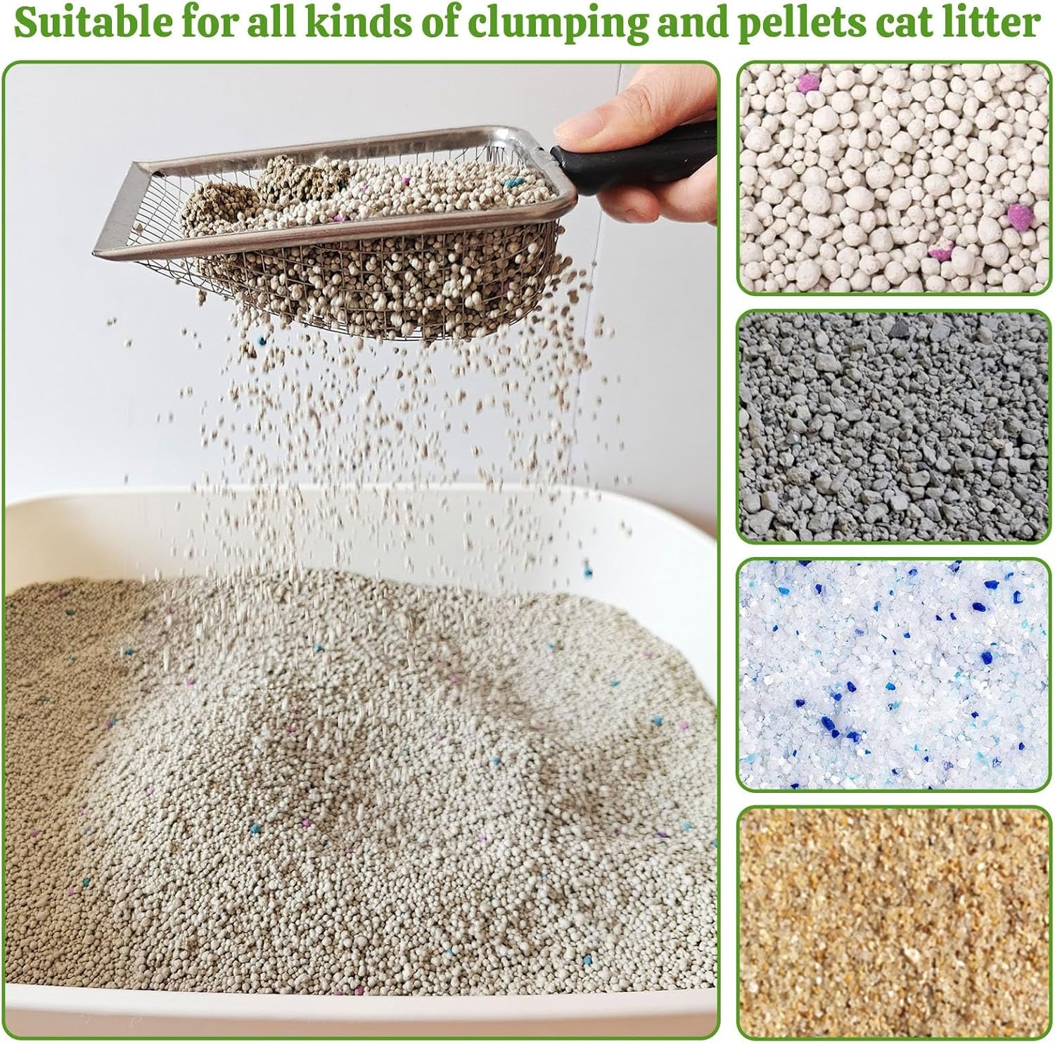 2Pcs Cat Litter Scoop Metal Stainless Steel Mesh Kitty Litter Scoop with Hook, Cat Scooper for Litter Box, Filter Small Pieces Quickly, Easy to Clean and Durable (3Mm/5Mm Mesh)