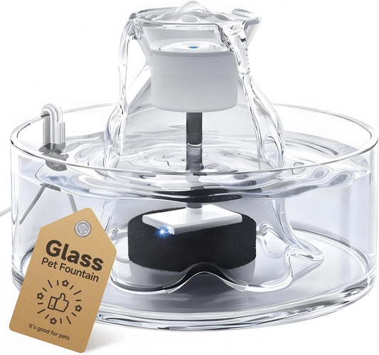 PETIMI Glass Cat Water Fountain, 2.7L/91 Oz Ultra-Quiet Pet Fountain, Automatic Water Dispenser for Cats & Small Dogs, Spill-Resistant Pet Water Bowl, Bpa-Free, Includes 2 Filters, Effortless to Clean