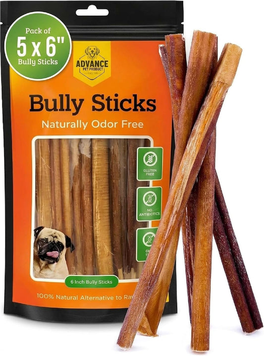 Advance Pet Products Premium 6 Inch Bully Sticks for Dogs (Pack of 5) – 100% Beef Dog Chews, Odor-Free, Long Lasting Treats for Aggressive Chewers, High Protein, Gluten & Rawhide Free, Easy to Digest