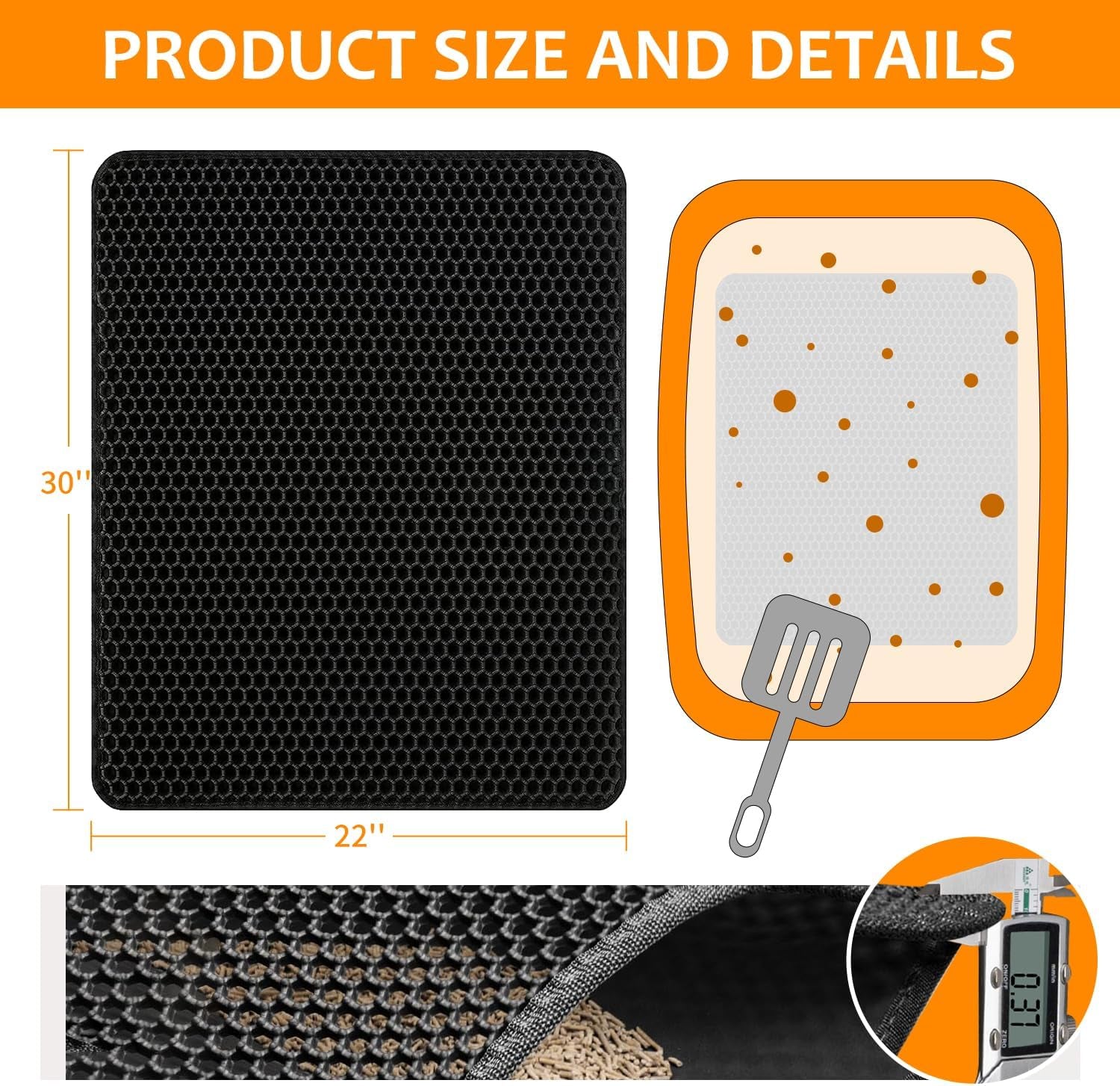 22"X30" Cat Litter Mat, EVA & Fabric Double Layer Design Waterproof Bottom Cat Litter Mat, Anti-Slip Litter Box Mat, Easy to Catch Pet Litter, Easier to Clean, Washable, Soft on Paws, Black